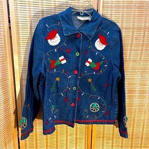 Vintage Western Themed Santa Blue Jean Jacket XL